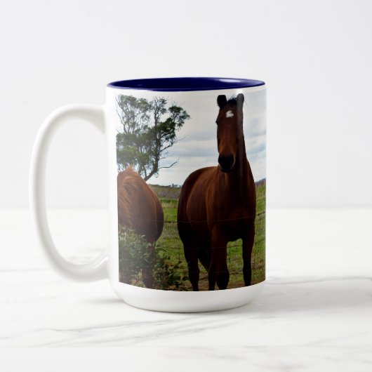 大きな茶色の壮大な馬 ツートーンマグカップ (左)