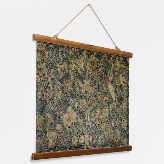 大きな葉の緑青と動物のルネッサンス 吊り下げ型タペストリー (傾斜あり)