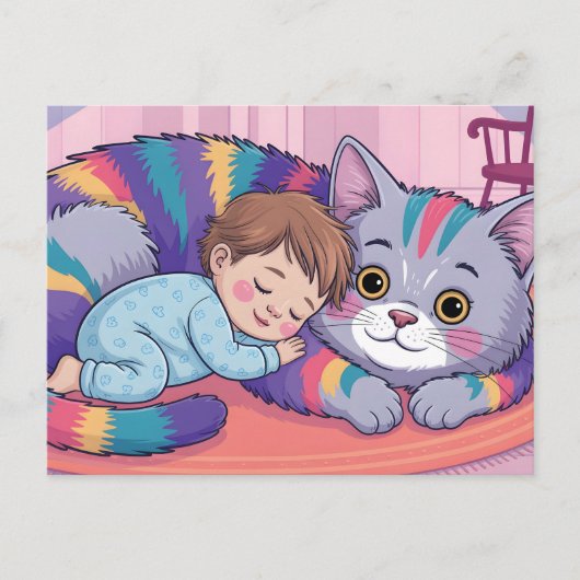 大きな虹色のふわふわ猫に寝そべるかわいい赤ちゃん ポストカード (正面)