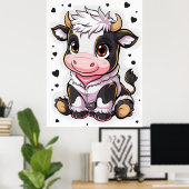 大きな表情の目を持つ可愛い漫画のような牛 ポスター (ホームオフィス)