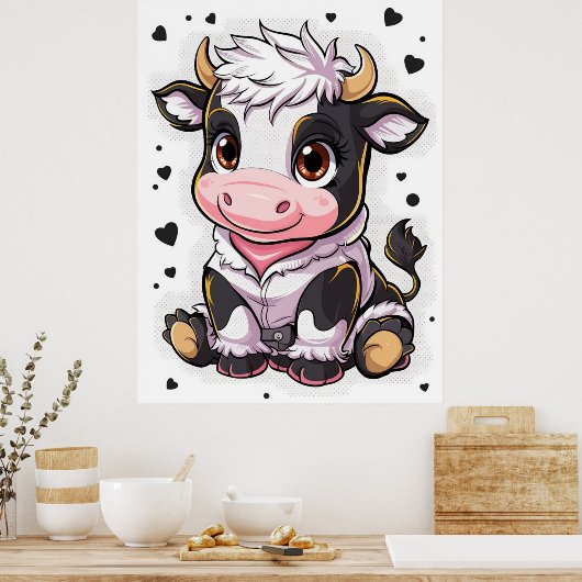 大きな表情の目を持つ可愛い漫画のような牛 ポスター (キッチン)