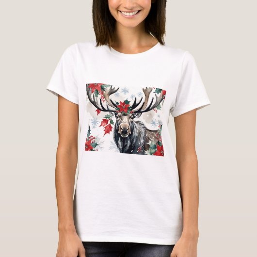 大きな角とポインセチアのクリスマス・ムース Tシャツ (正面)