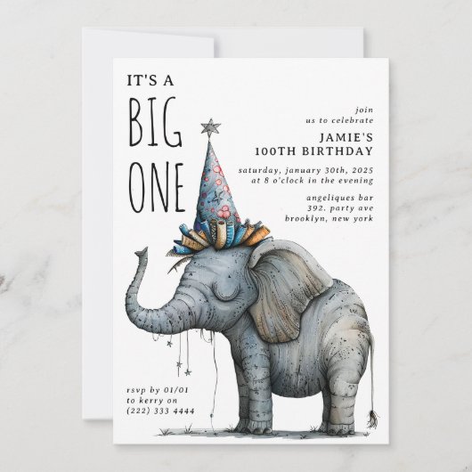 大きな象のおもしろい誕生日 招待状 (正面)