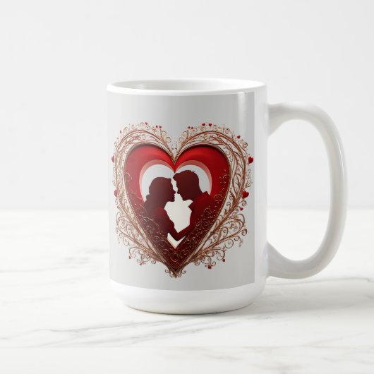 大きな赤いハートの中で抱き合うカップル コーヒーマグカップ (右)
