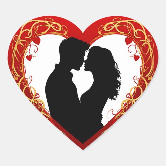 大きな赤いハートの中で抱き合うカップル ハートシール (正面)