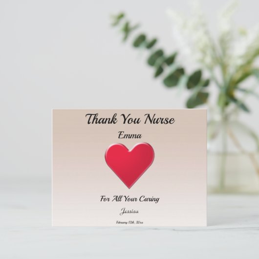 大きな赤いハートの看護師に感謝 ポストカード (スタンド正面)