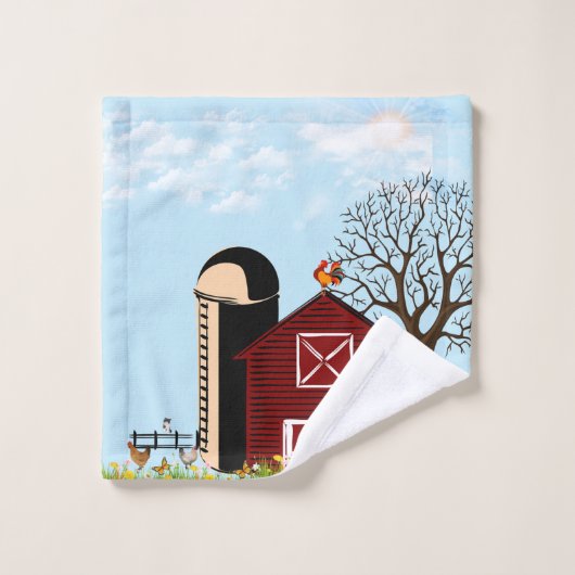 大きな赤いバーンドファーム動物キャットフラワー蝶 バスタオルセット (ウォッシュタオル)