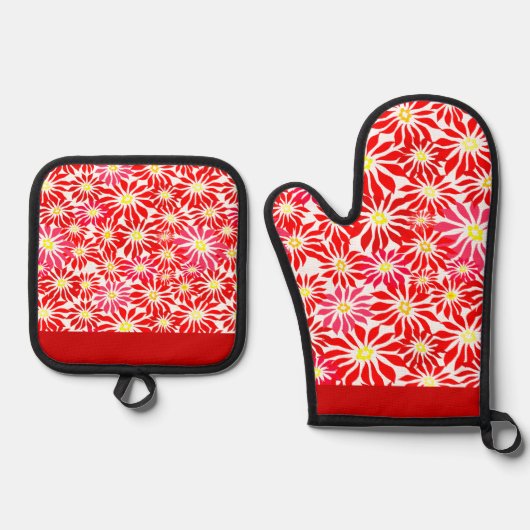 大きな赤いポインセチアの花の模様のキッチンタオル 鍋つかみ&鍋敷きセット (正面)