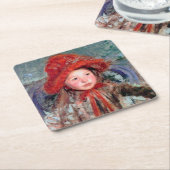 大きな赤い帽子をかぶった女の子、メアリー・カッサット スクエアペーパーコースター (アングル)