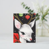 大きな赤い弓で愛らしい白いトナカイ ポストカード (スタンド正面)