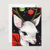 大きな赤い弓で愛らしい白いトナカイ ポストカード (正面/裏面)