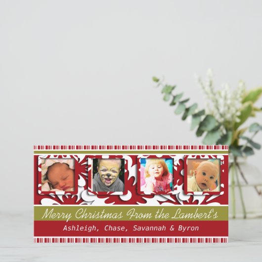 大きな赤い花小さなストライプクリスマスフォト シーズンカード (スタンド正面)