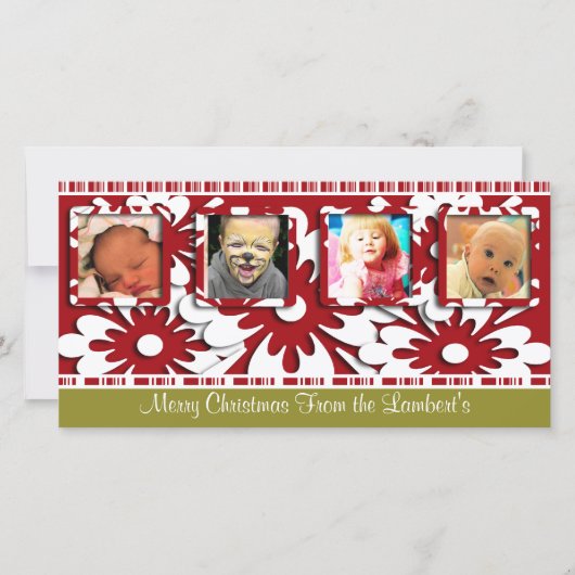 大きな赤い花小さなストライプクリスマスフォト シーズンカード (正面)