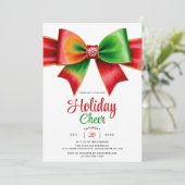 大きな赤と緑のボウとストライプのクリスマス パーティー 招待状 (スタンド正面)