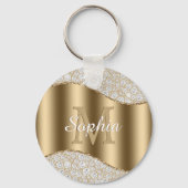 大きな金ゴールドモノグラム、白いスクリプト名、ダイヤモンド キーホルダー (正面)