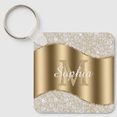 大きな金ゴールドモノグラム、白いスクリプト名、ダイヤモンド キーホルダー (正面)