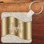 大きな金ゴールドモノグラム、白いスクリプト名、ダイヤモンド キーホルダー (裏面)