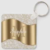 大きな金ゴールドモノグラム、白いスクリプト名、ダイヤモンド キーホルダー (裏面)