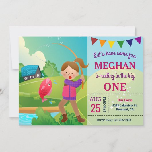 大きな釣りテーマの女の子の1歳の誕生日パーティー 招待状 (正面)