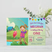 大きな釣りテーマの女の子の1歳の誕生日パーティー 招待状 (スタンド正面)