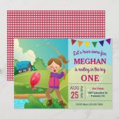 大きな釣りテーマの女の子の1歳の誕生日パーティー 招待状 (正面/裏面)