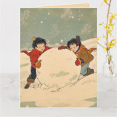 大きな雪玉を転がす日本の子供たち カード (黄色い花)