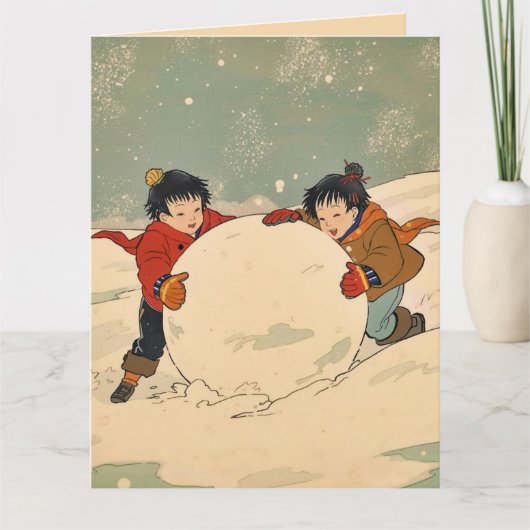 大きな雪玉を転がす日本の子供たち カード (正面)