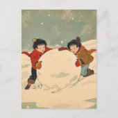 大きな雪玉を転がす日本の子供たち シーズンポストカード (正面)
