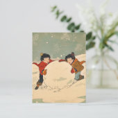 大きな雪玉を転がす日本の子供たち シーズンポストカード (スタンド正面)