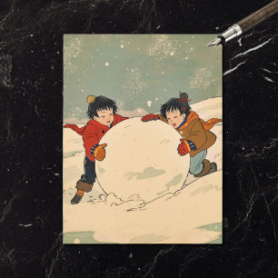 大きな雪玉を転がす日本の子供たち シーズンポストカード