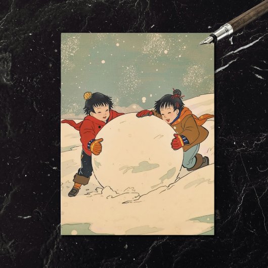 大きな雪玉を転がす日本の子供たち シーズンポストカード