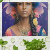 大きな青い帽子を持つアジアの王女 キッチンタオル (折り畳み)