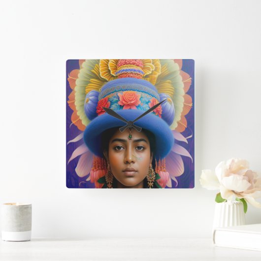 大きな青い帽子を持つアジアの王女 スクエア壁時計 (ホーム)