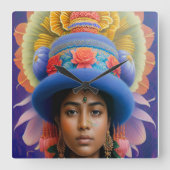 大きな青い帽子を持つアジアの王女 スクエア壁時計 (正面)