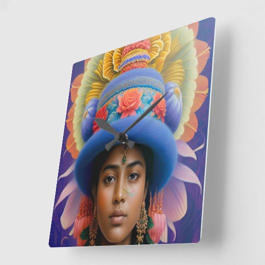 大きな青い帽子を持つアジアの王女 スクエア壁時計 (傾斜)