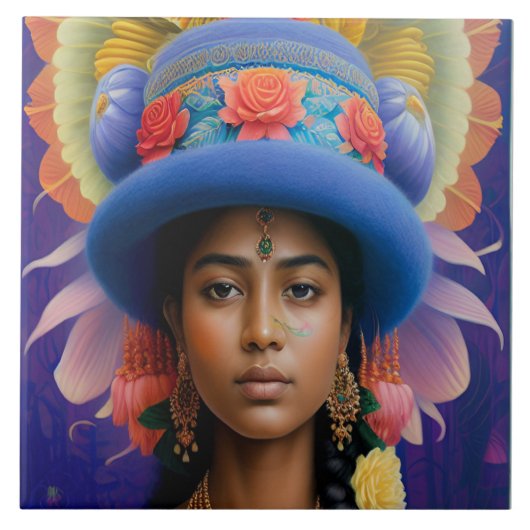 大きな青い帽子を持つアジアの王女 タイル (正面)