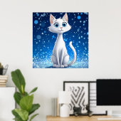 大きな青い目のかわいい白猫 ポスター (ホームオフィス)