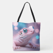 大きな青い目をした、かわいい小さなピンクのトカゲ トートバッグ (裏面)