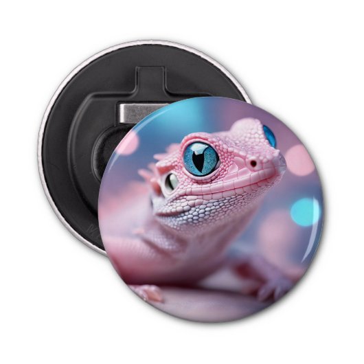 大きな青い目をした、かわいい小さなピンクのトカゲ 栓抜き (正面)