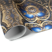 大きな青と金ゴールドのスチームパンクのハートパターン ラッピングペーパー (ロールコーナー)