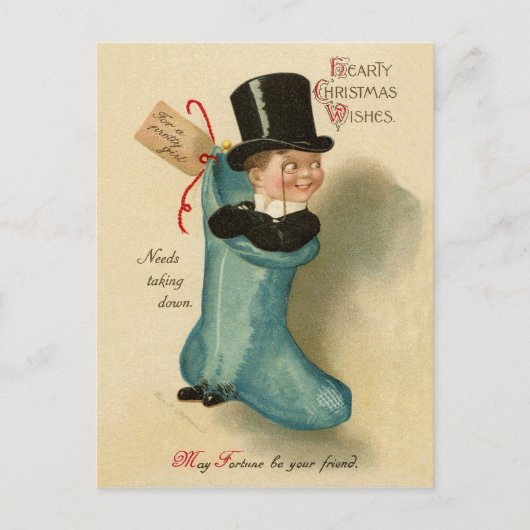 大きな青のクリスマス靴下の紳士、ヴィンテージ ポストカード (正面)