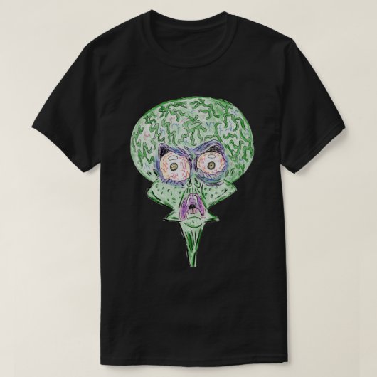 大きな頭と大きな目のエイリアンSF風カートゥーン Tシャツ (デザイン正面)