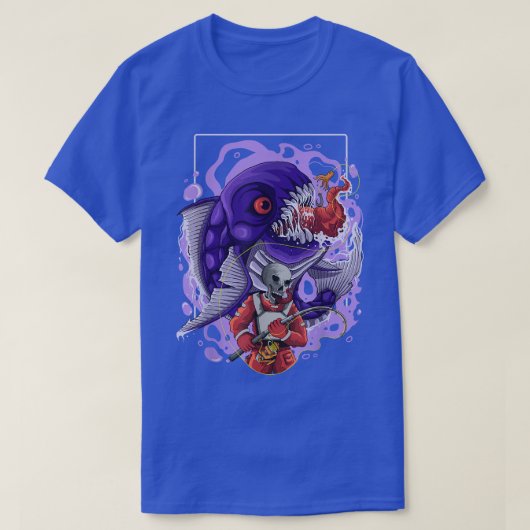 大きな魚の怪獣シーピラを攻撃するT型スケルトン Tシャツ (デザイン正面)