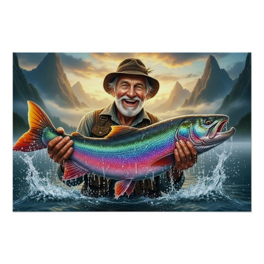 大きな魚を釣り上げた漁師 フィッシング ポスター (正面)