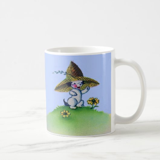 大きな麦わら帽子をかぶったかわいい子犬 コーヒーマグカップ (右)