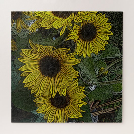 大きな黄色い太陽の花を持つ葉の多い背景 ジグソーパズル (横)