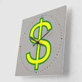 大きな黄色と緑のドル記号($) スクエア壁時計 (傾斜)