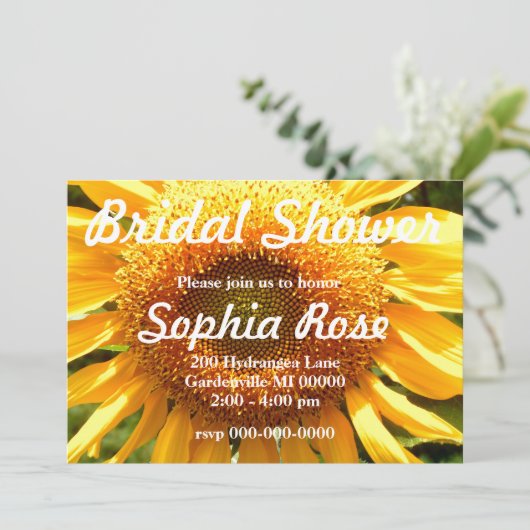 大きな黄色のひまわりフォトブライダルシャワー 招待状 (スタンド正面)