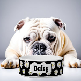 大きな黒と白のデイジーパーソナライズされたドッグボウル ボウル