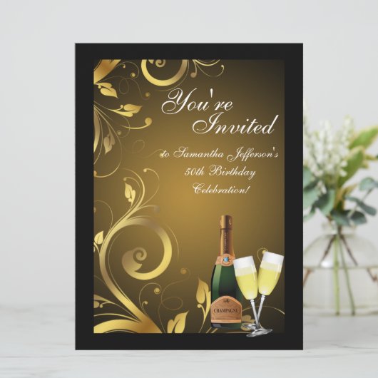 大きな黒と金ゴールドの渦巻き、カスタム誕生日パーティー 招待状 (スタンド正面)